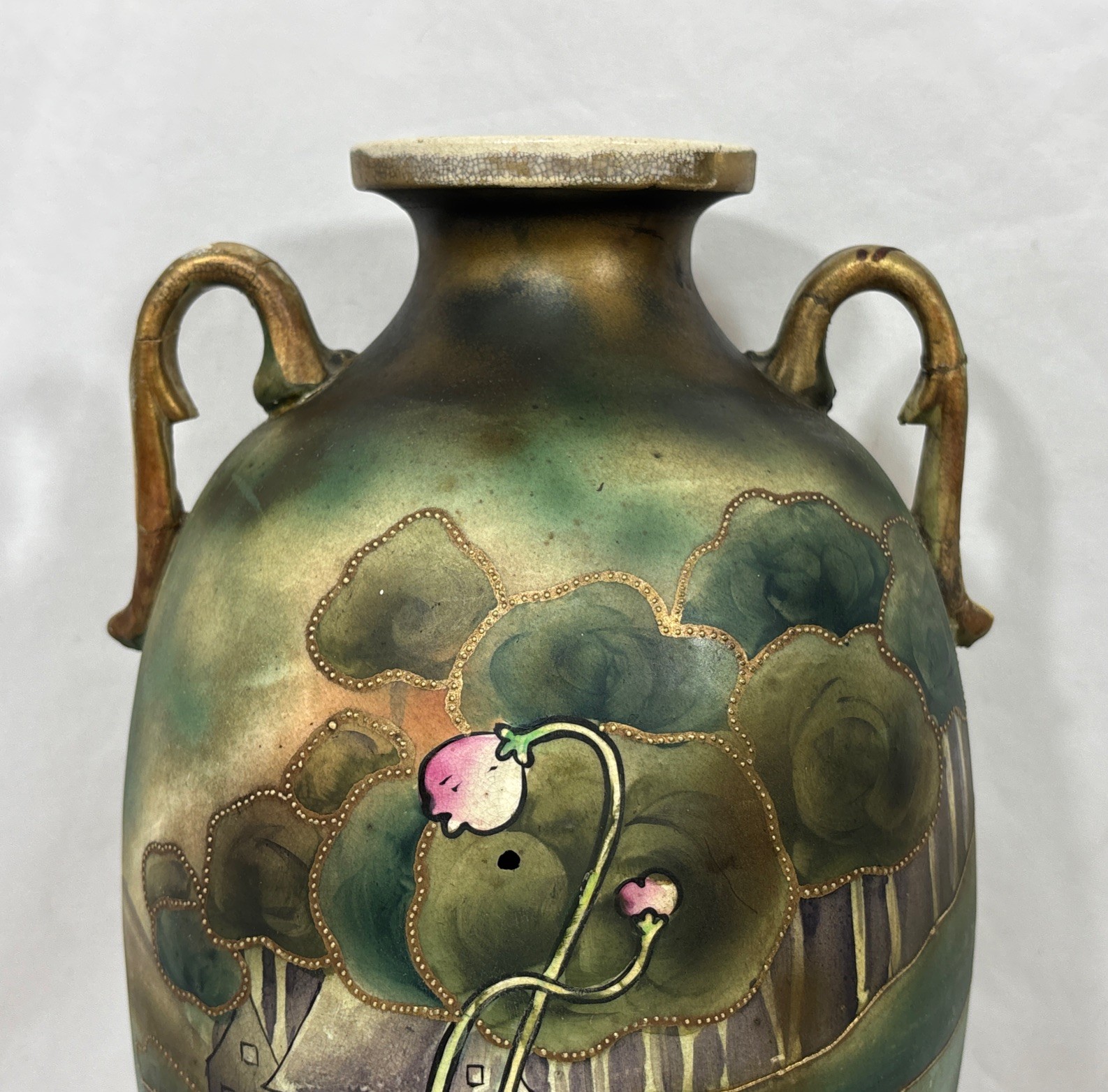 【夕闇にしずむ里の家】オールドノリタケ 盛上 風景文 両耳花瓶 - 画像 (3)