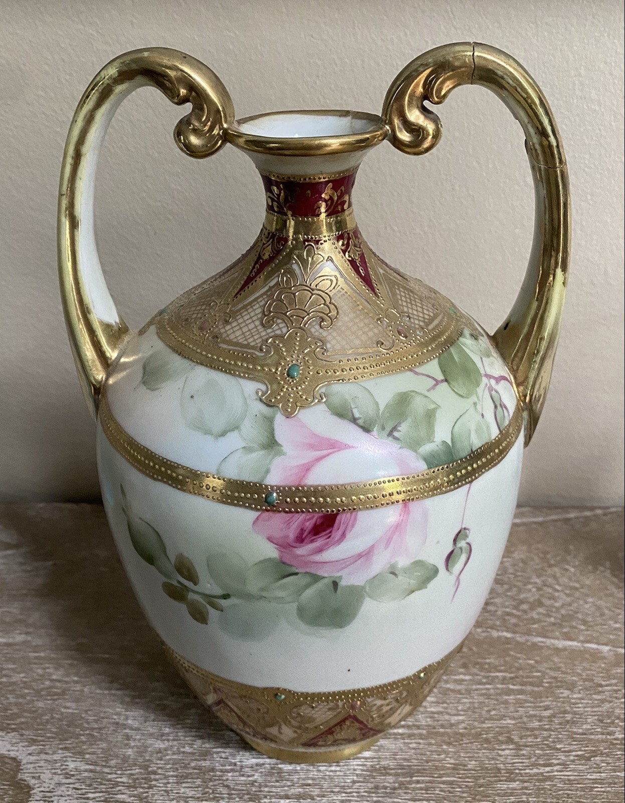 【金の冠をいただく薔薇】オールドノリタケ 金盛 薔薇文 両耳花瓶 ジュエル装飾 - 画像 (2)