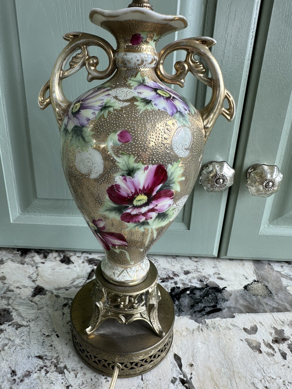 【金砂にあふれるアネモネ】オールドノリタケ 金盛 花文 両耳花瓶 ランプ仕立て - 画像 (3)
