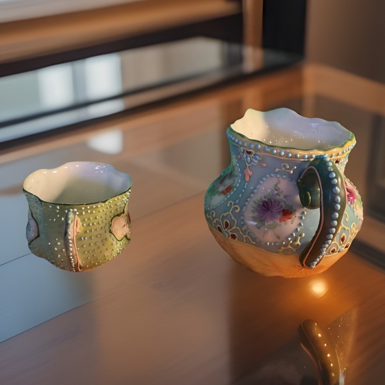 【粒の輝きをまとう手のひら】オールドノリタケ コラレン 花文 カップ&クリーマー 金彩 - 画像 (3)