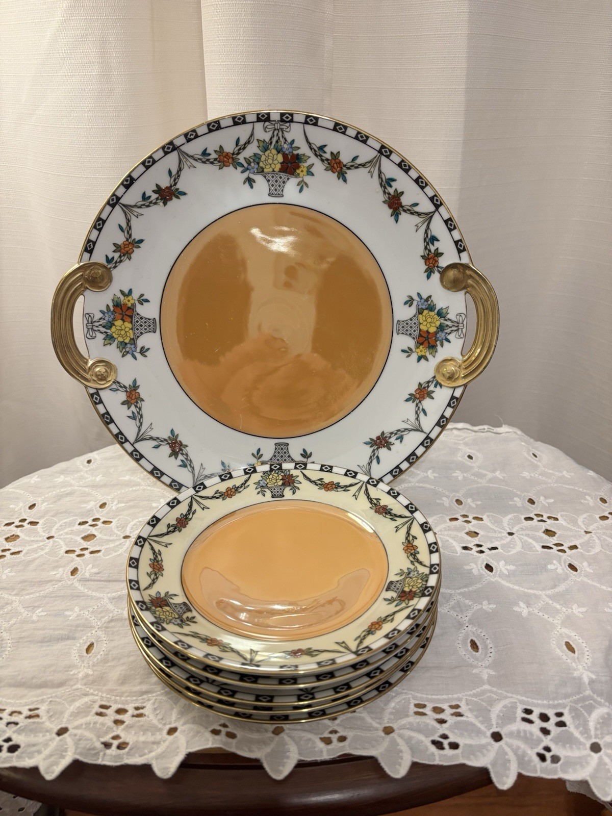 【杏色の灯がともる卓】オールドノリタケ ラスター彩 花籠文 ケーキ皿 セット 金彩 - 画像 (2)