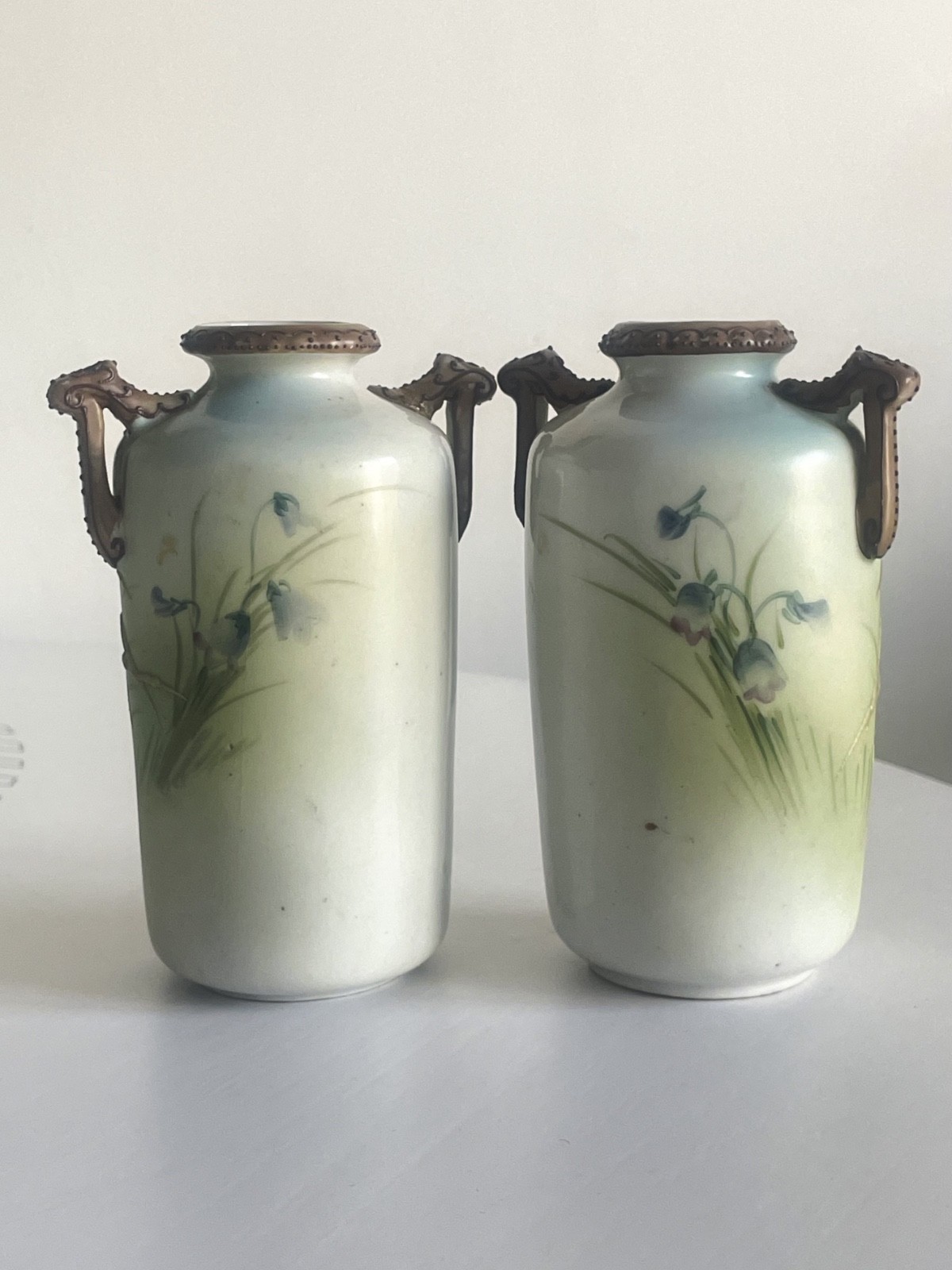 【釣鐘草がそよぐ一対】オールドノリタケ 盛上 草花文 花瓶 ペア - 画像 (3)