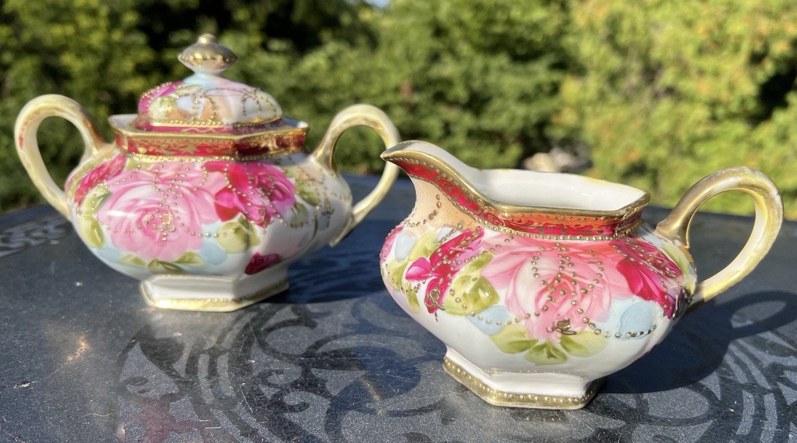 【金つぶに揺れる薔薇】オールドノリタケ 金盛 薔薇文 シュガー&クリーマー 金彩 - 画像 (2)