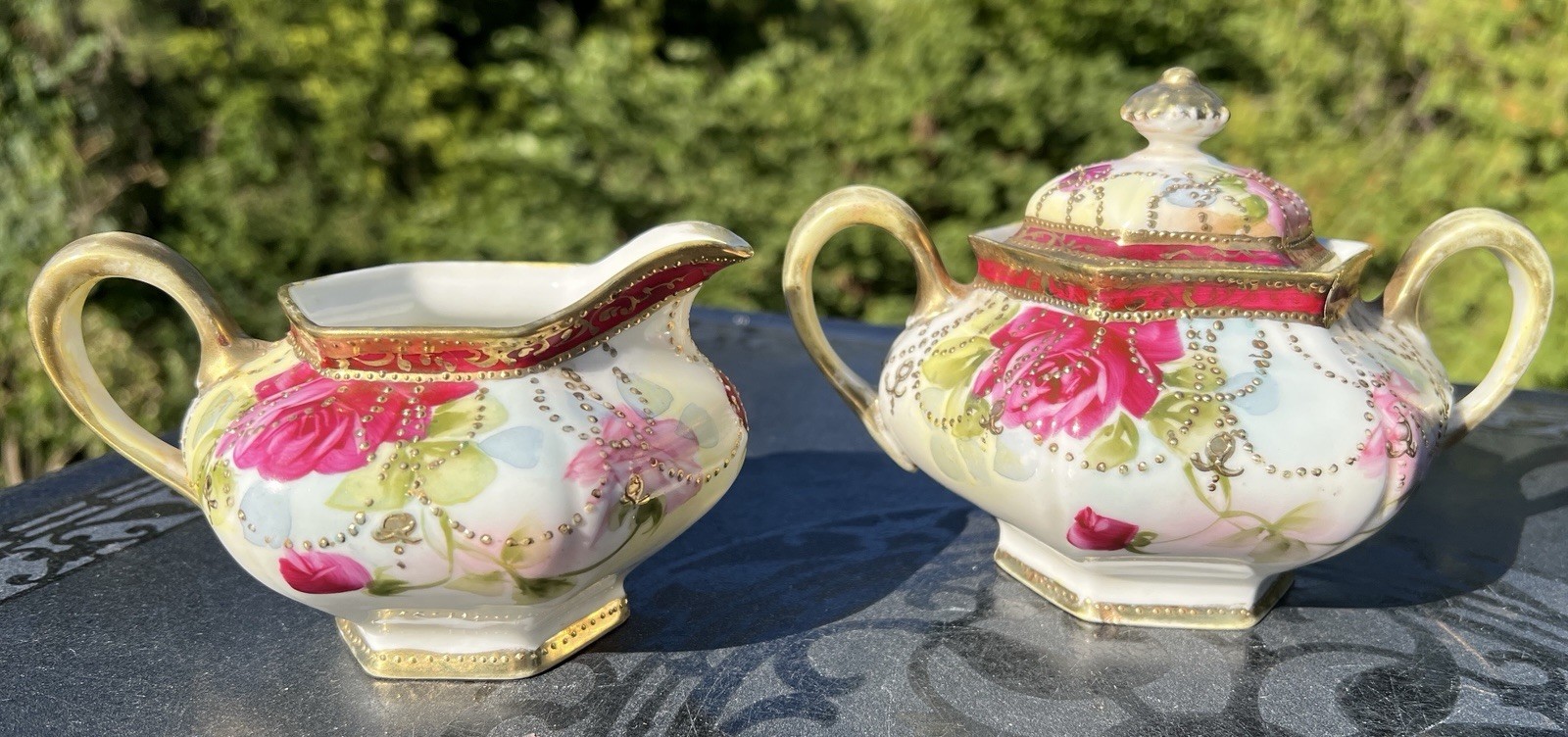【金つぶに揺れる薔薇】オールドノリタケ 金盛 薔薇文 シュガー&クリーマー 金彩 - 画像 (3)