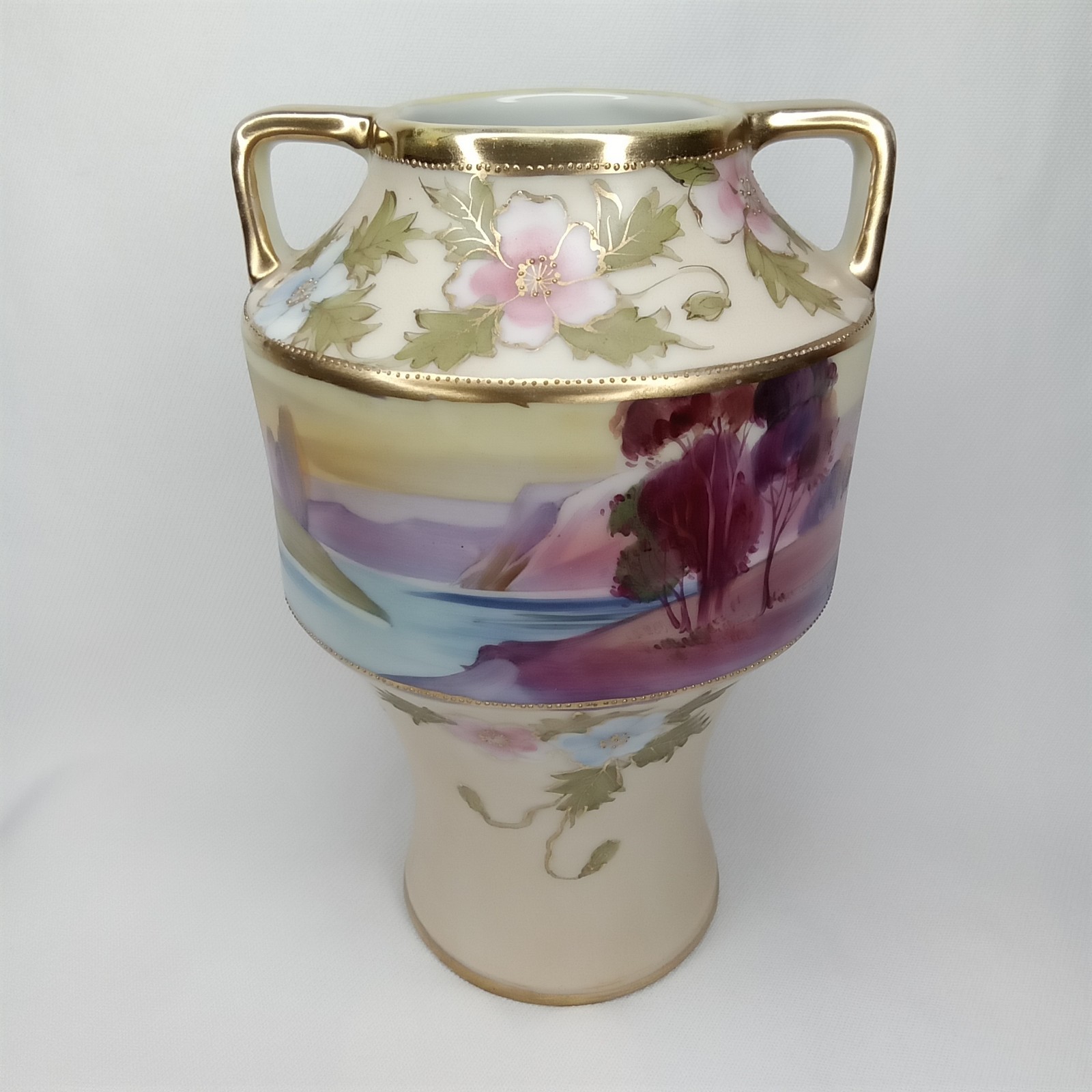 【夕湖をめぐる薔薇の襟】オールドノリタケ 風景文 薔薇文 両耳花瓶 金彩 - 画像 (2)