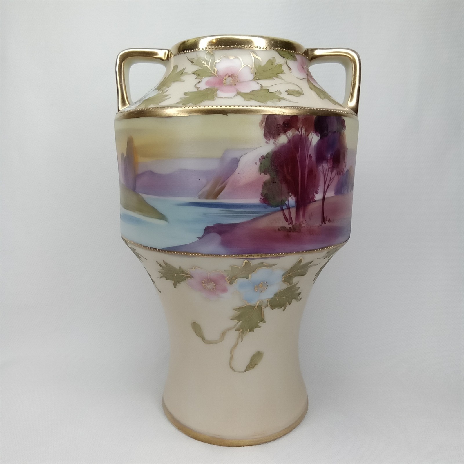 【夕湖をめぐる薔薇の襟】オールドノリタケ 風景文 薔薇文 両耳花瓶 金彩 - 画像 (3)