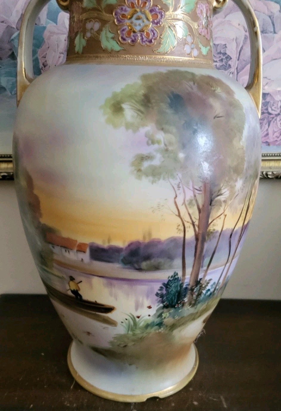 【夕映えの川を渡る舟】オールドノリタケ 金盛 風景文 両耳花瓶 金彩 - 画像 (2)
