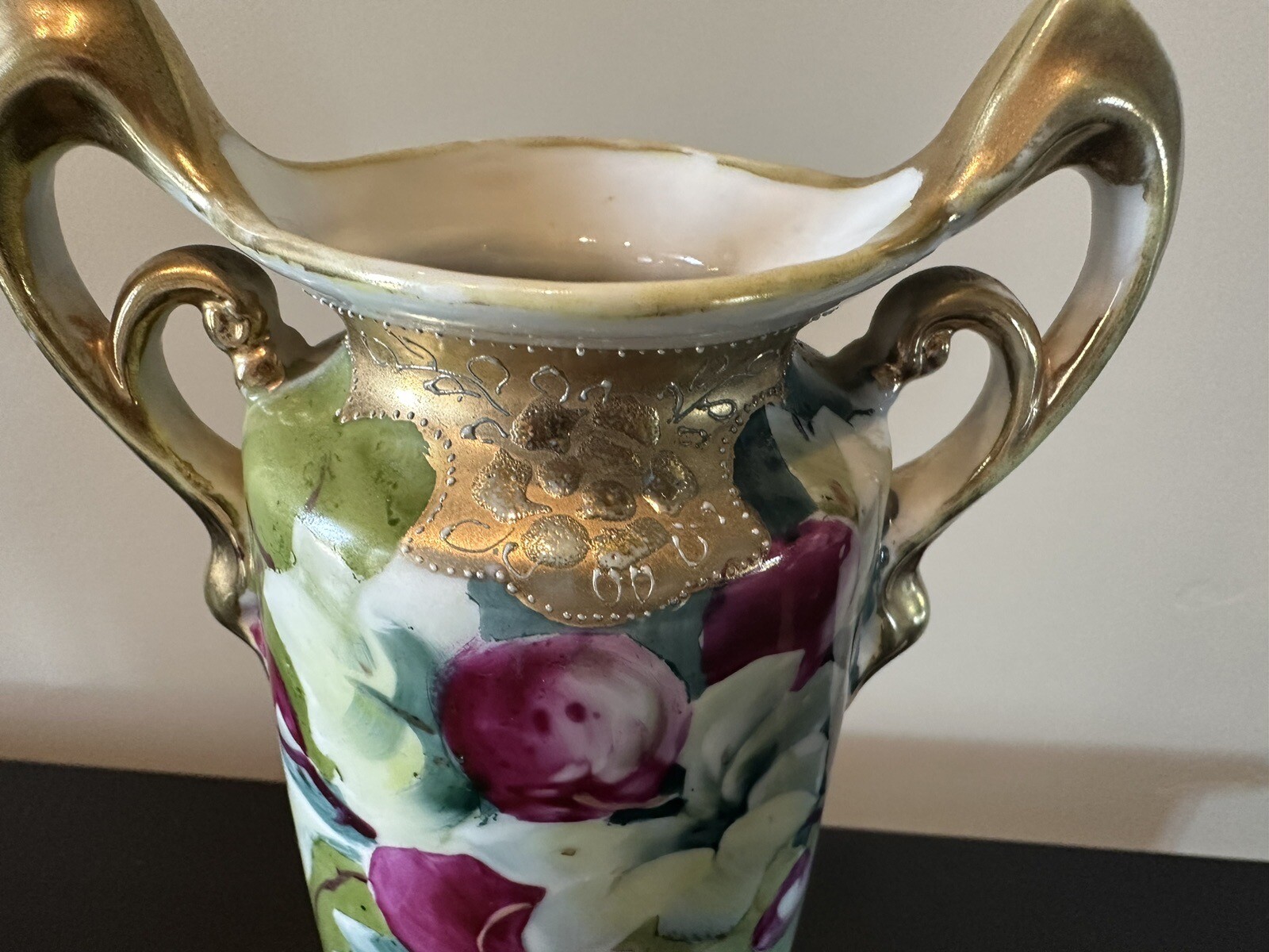 【みどりにこぼれる紅の実】オールドノリタケ 金盛 花文 両耳花瓶 金彩 - 画像 (2)