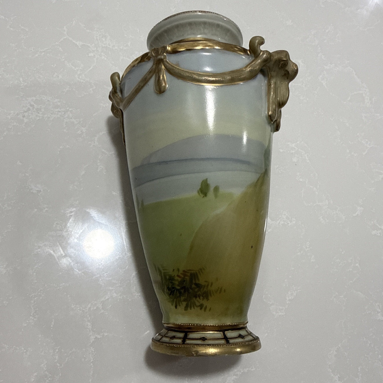 【村へ続く並木の小道】オールドノリタケ 風景文 双耳花瓶 金彩 - 画像 (2)