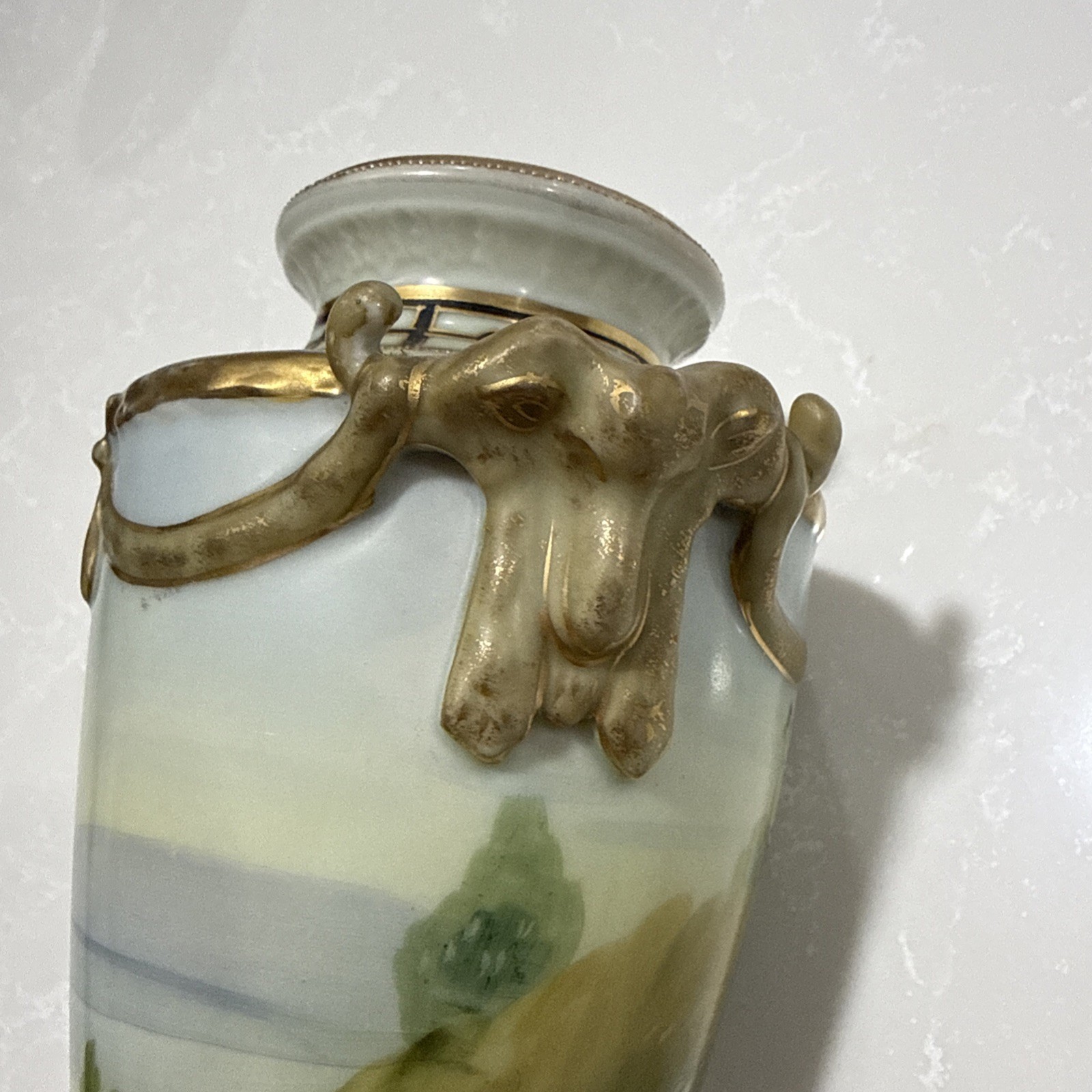 【村へ続く並木の小道】オールドノリタケ 風景文 双耳花瓶 金彩 - 画像 (3)