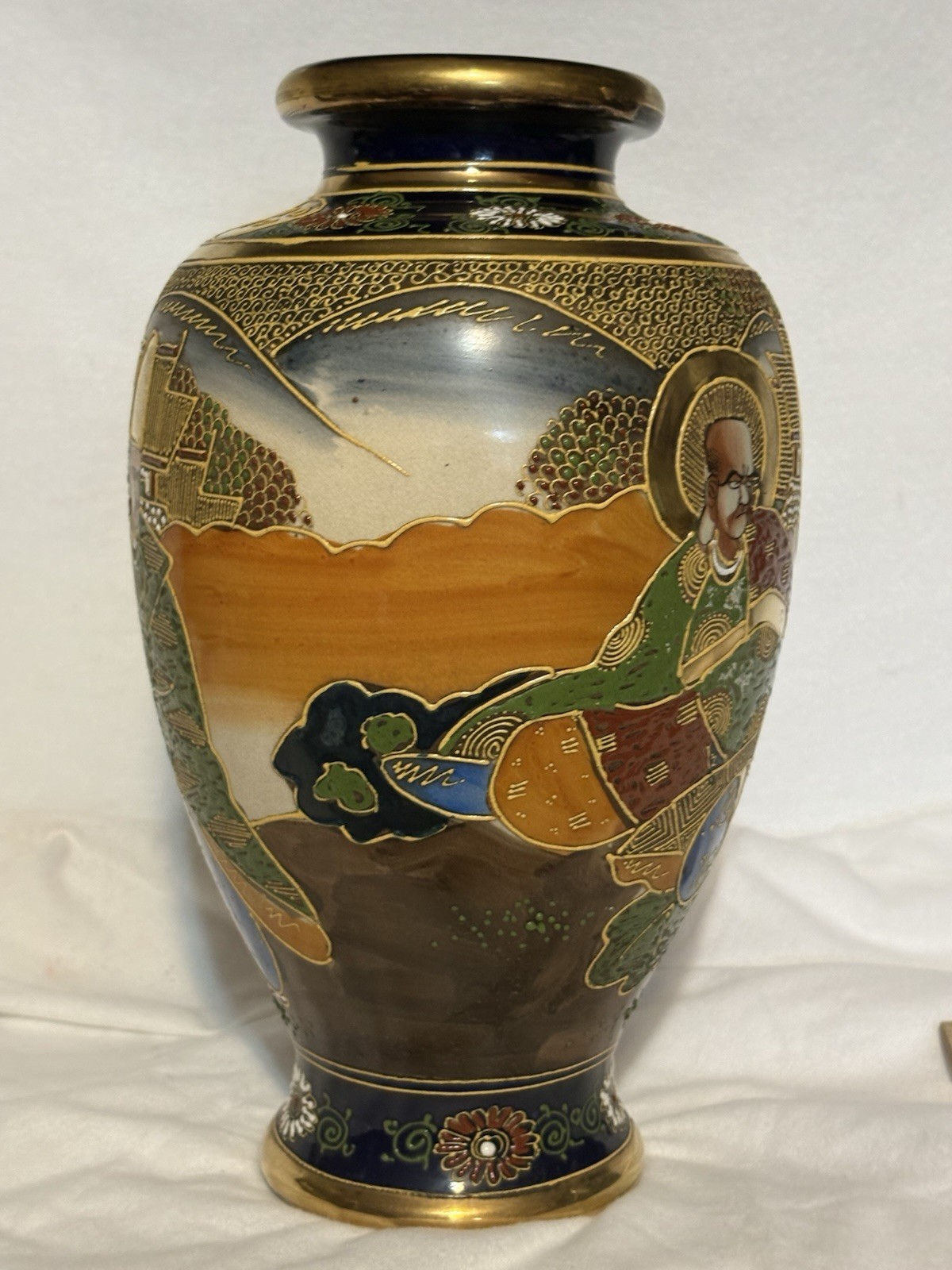 【瑠璃地に羅漢が浮かぶ】薩摩 盛上 人物文 花瓶 金彩 - 画像 (3)