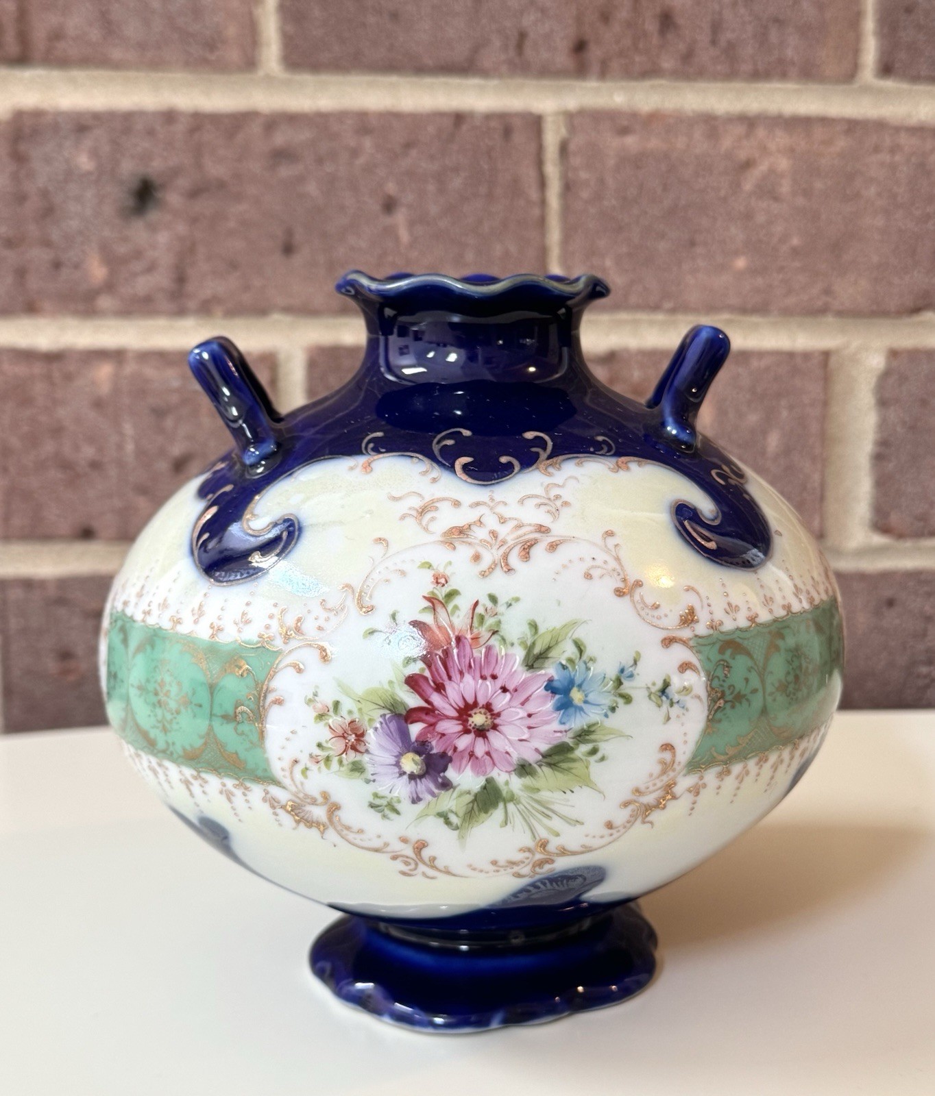 【瑠璃の窓に花束が咲く】オールドノリタケ コバルト金彩 花文 両耳花瓶 - 画像 (3)