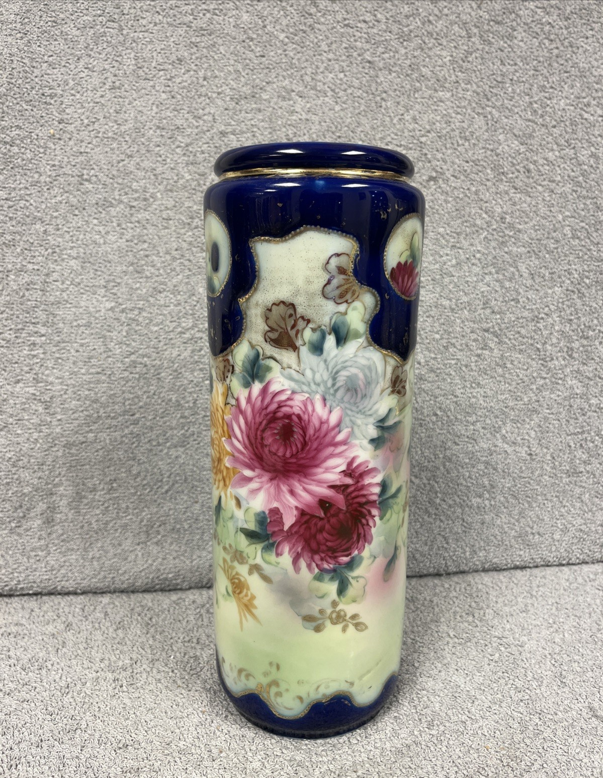 【藍の窓辺に菊あふれる】オールドノリタケ ジュエル装飾 菊文 花瓶 金彩 - 画像 (2)