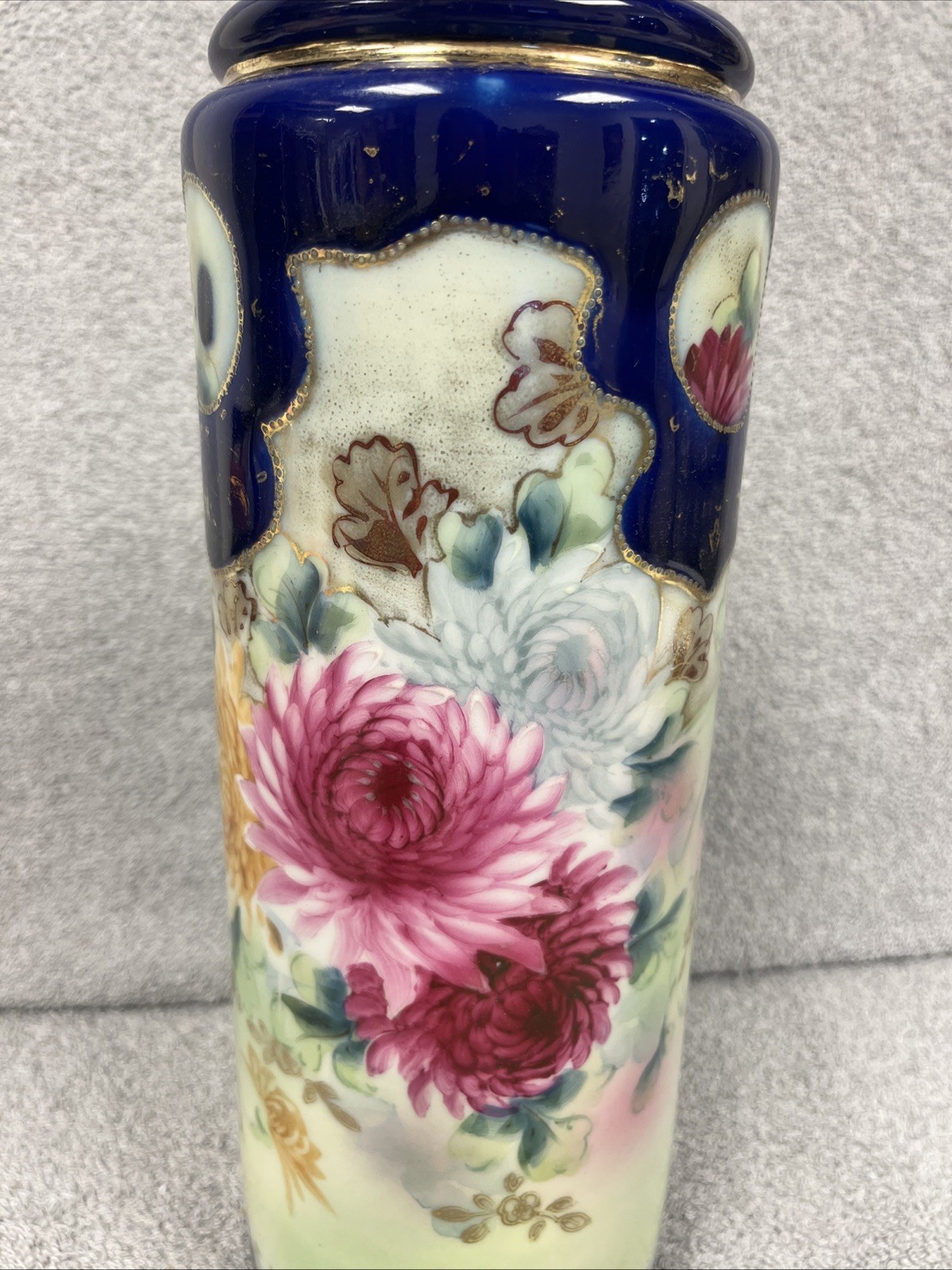 【藍の窓辺に菊あふれる】オールドノリタケ ジュエル装飾 菊文 花瓶 金彩 - 画像 (3)