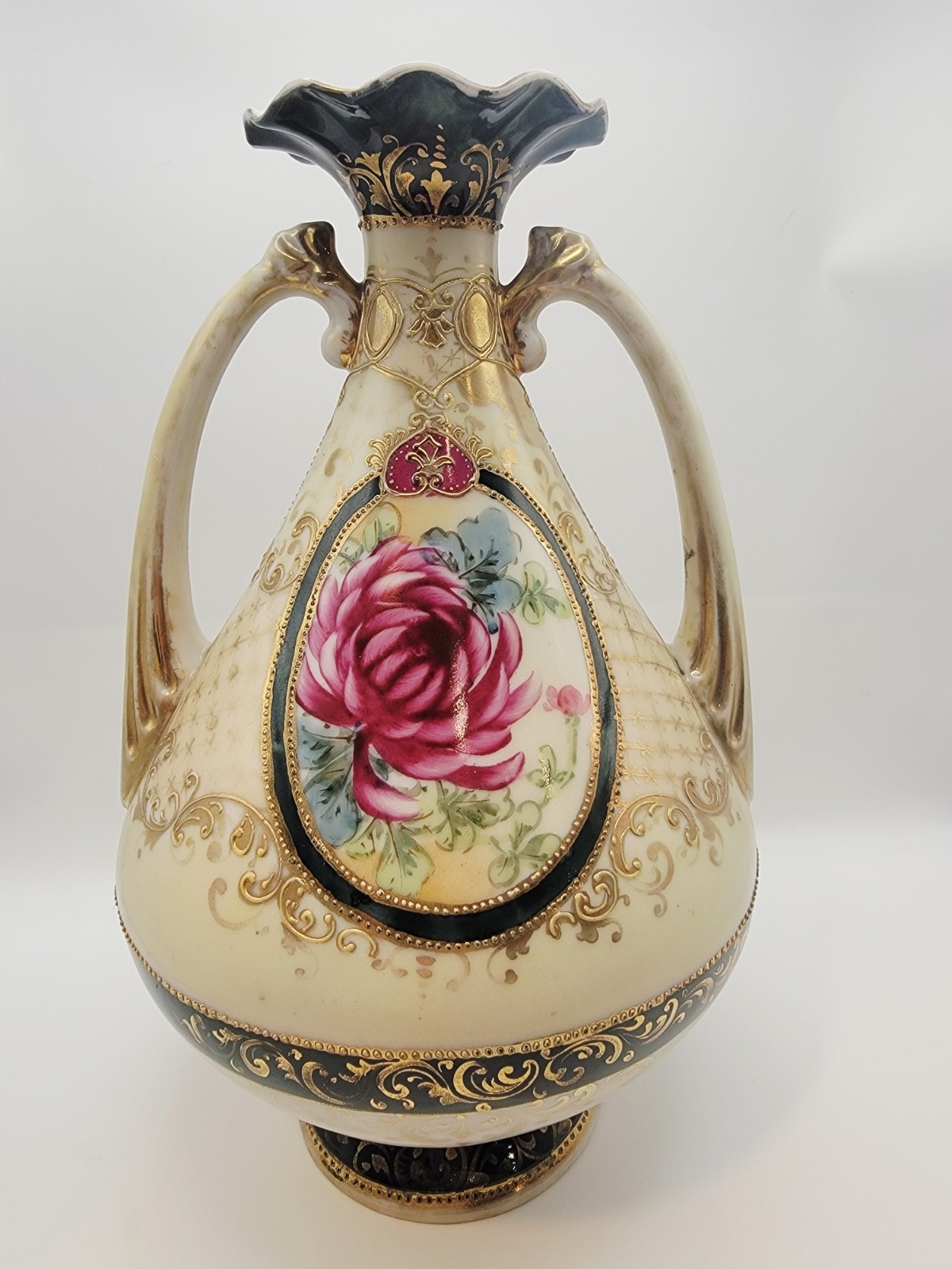 【瑠璃の縁に大輪の花】オールドノリタケ 金盛 牡丹文 両耳花瓶 金彩 - 画像 (3)