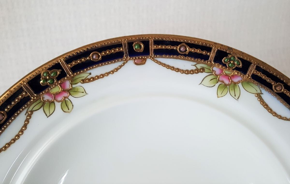 【藍と金が灯す宝石の卓】オールドノリタケ ジュエル装飾 花文 バターディッシュ 金彩 - 画像 (2)