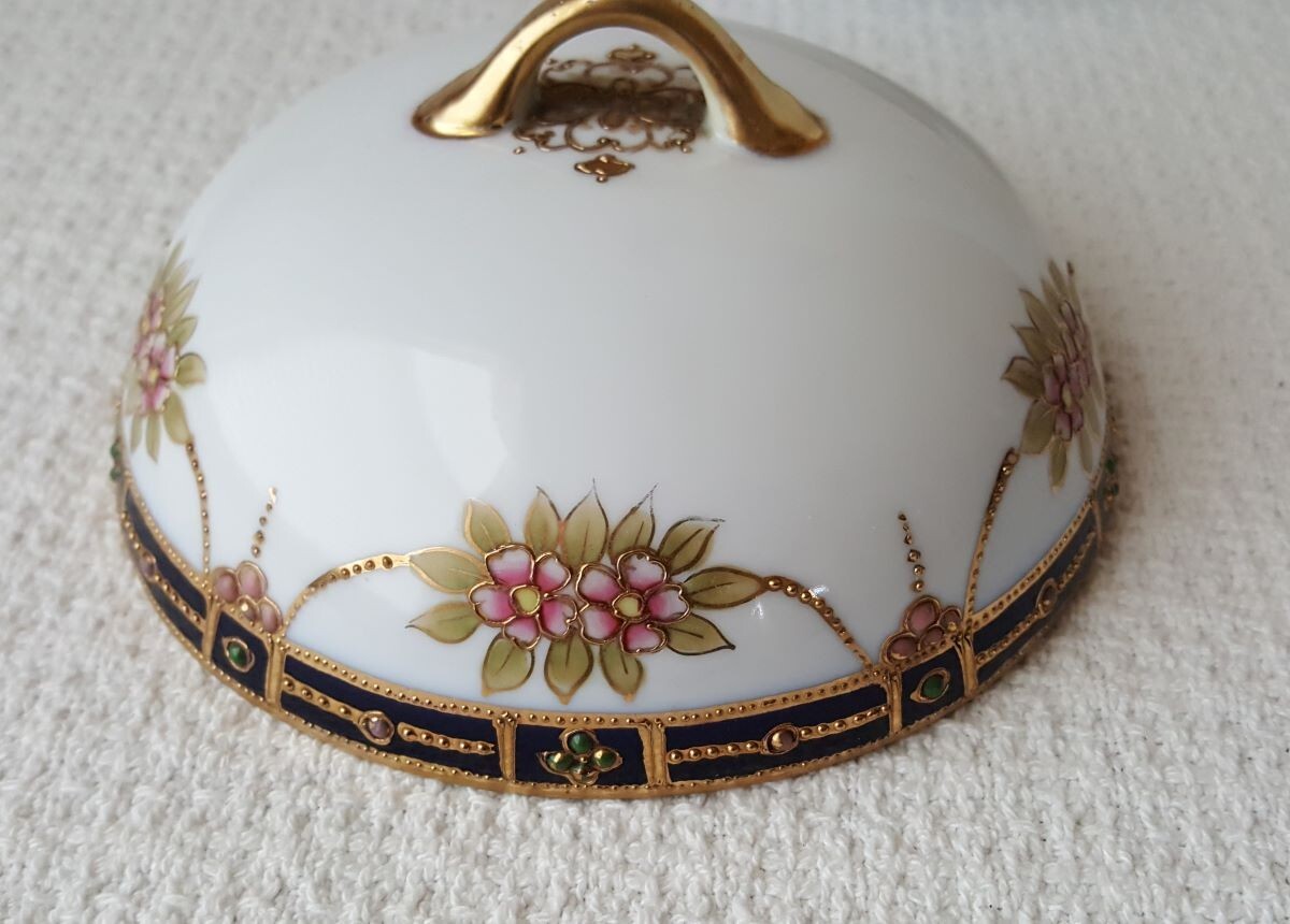 【藍と金が灯す宝石の卓】オールドノリタケ ジュエル装飾 花文 バターディッシュ 金彩 - 画像 (3)