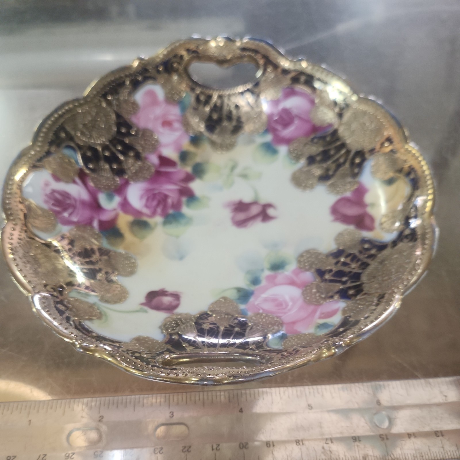 【金襴に抱かれた薔薇】オールドノリタケ 薔薇文 両耳飾皿 金彩 - 画像 (2)