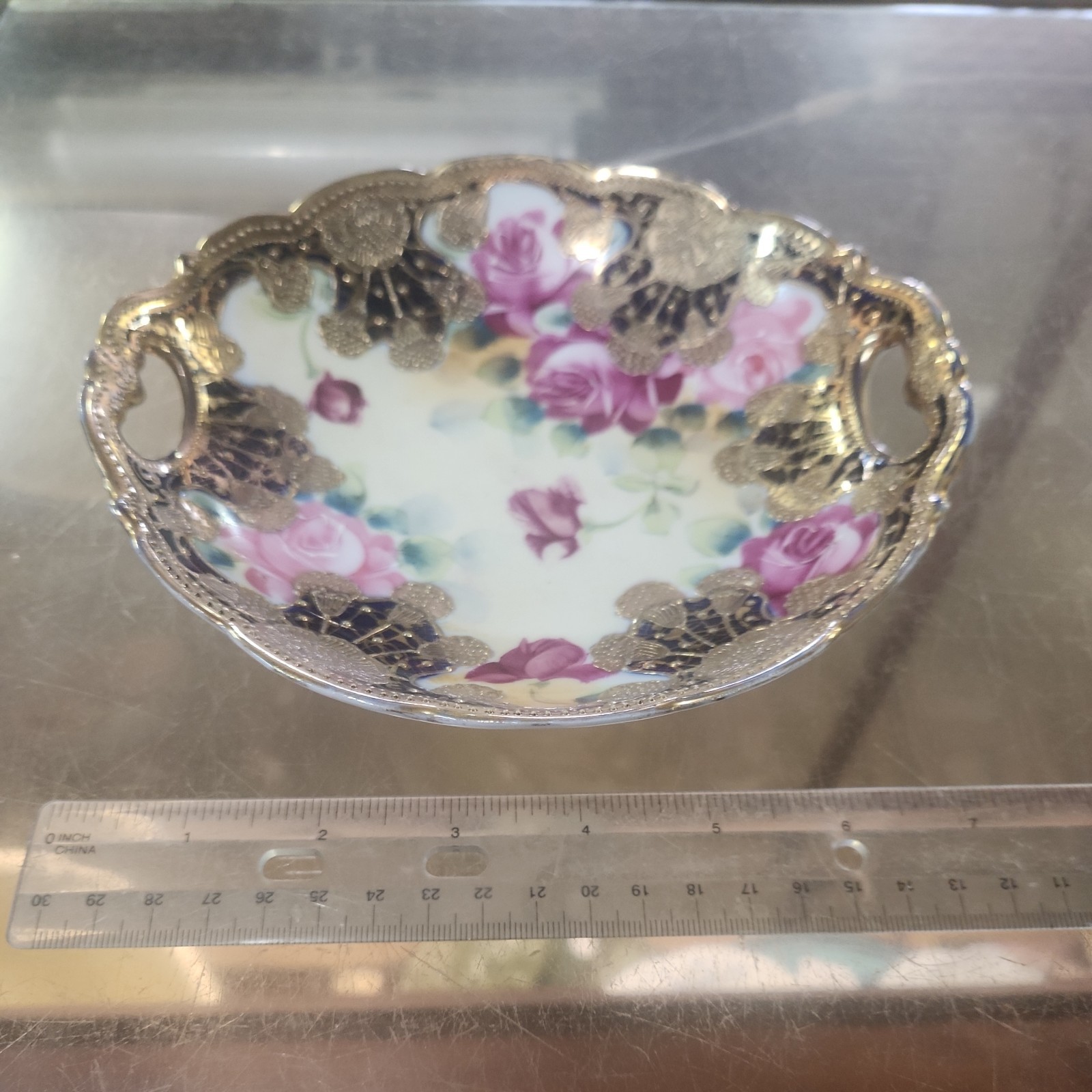 【金襴に抱かれた薔薇】オールドノリタケ 薔薇文 両耳飾皿 金彩 - 画像 (3)