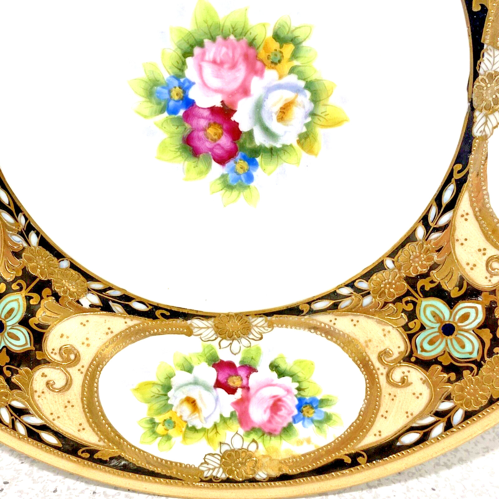 【紺と金に薔薇映える】オールドノリタケ 金盛 薔薇文 飾皿 金彩 - 画像 (2)