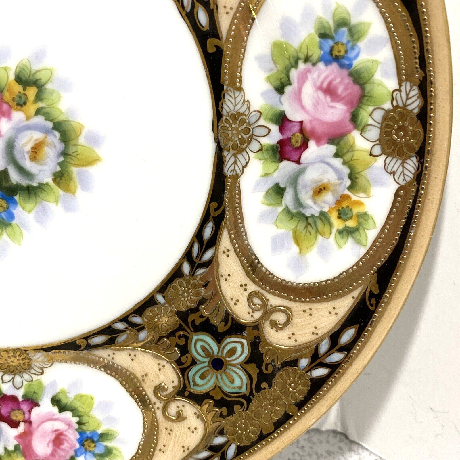 【紺と金に薔薇映える】オールドノリタケ 金盛 薔薇文 飾皿 金彩 - 画像 (3)