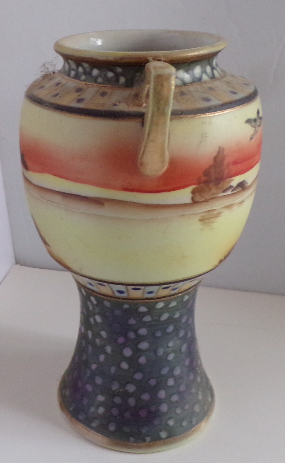 【夕空を渡る雁の影】オールドノリタケ 盛上 風景文 花瓶 金彩 - 画像 (3)