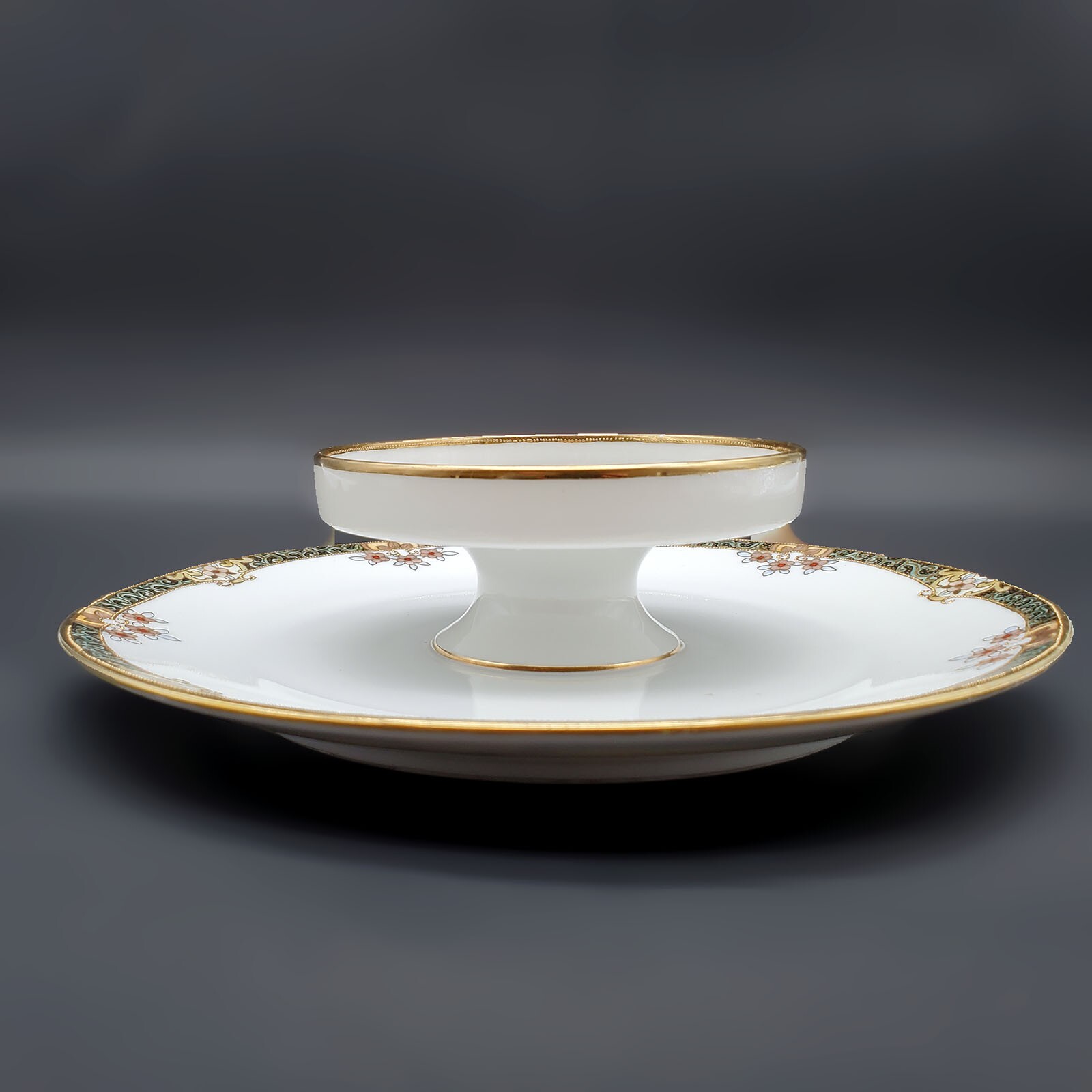 【緑と金が縁どる二段の宴】オールドノリタケ アールヌーボー 二段飾皿 金彩 - 画像 (2)