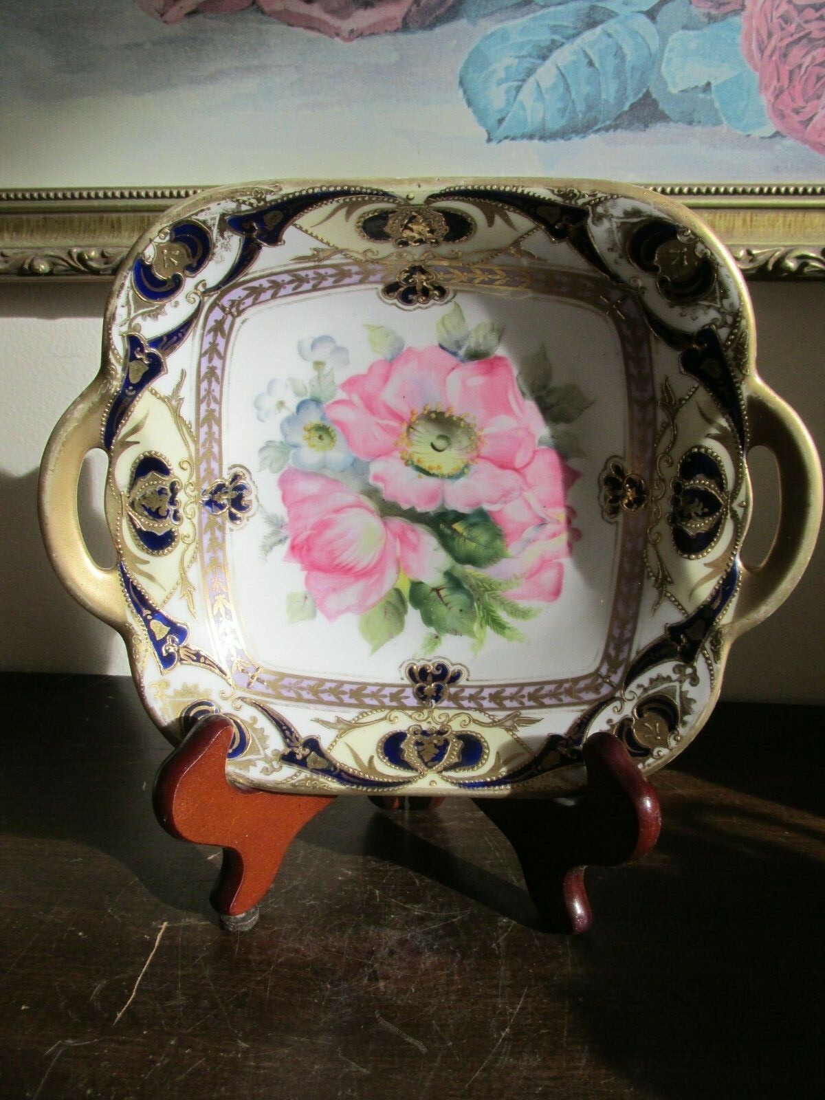 【瑠璃と金にひらく薔薇】オールドノリタケ コバルト金彩 薔薇文 両手皿 - 画像 (2)