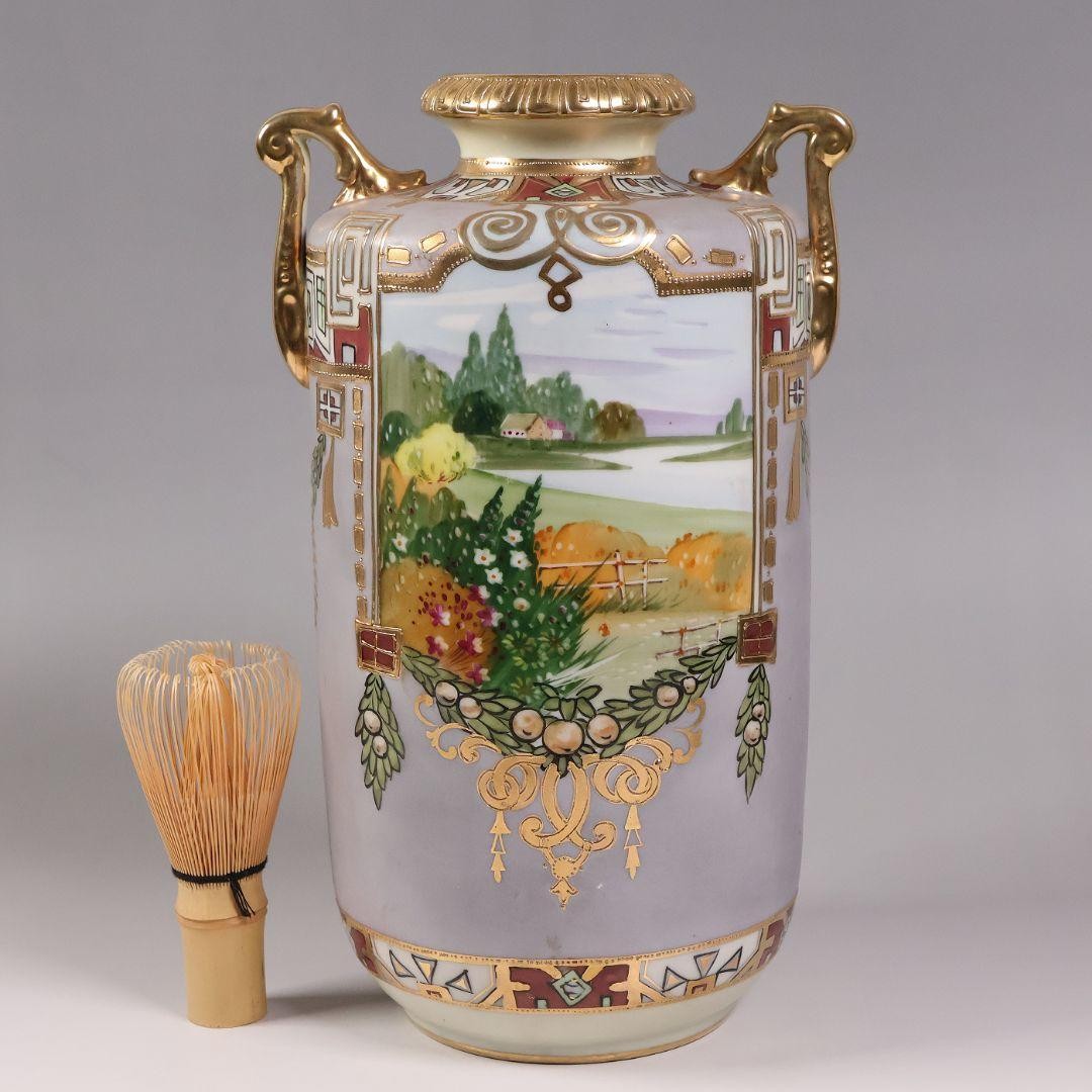 【窓辺にひらく田園の朝】オールドノリタケ 盛上 風景文 双耳花瓶 金彩 - 画像 (2)