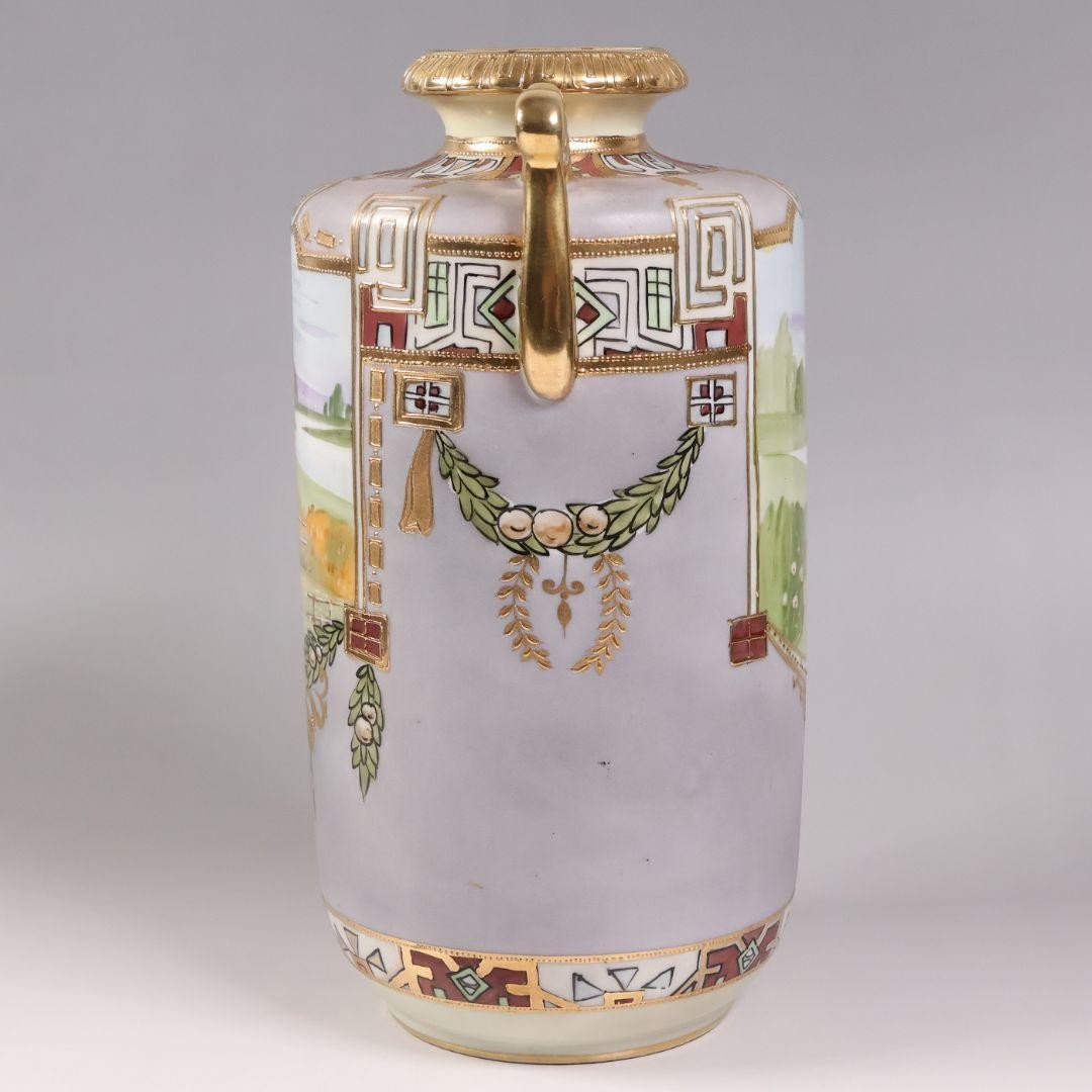 【窓辺にひらく田園の朝】オールドノリタケ 盛上 風景文 双耳花瓶 金彩 - 画像 (3)