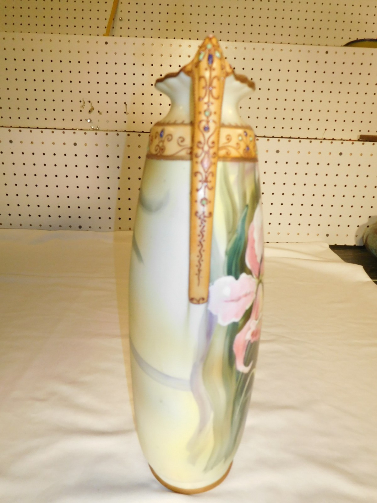 【霞にひらく蘭の花】オールドノリタケ ジュエル装飾 蘭文 双耳花瓶 金彩 - 画像 (2)