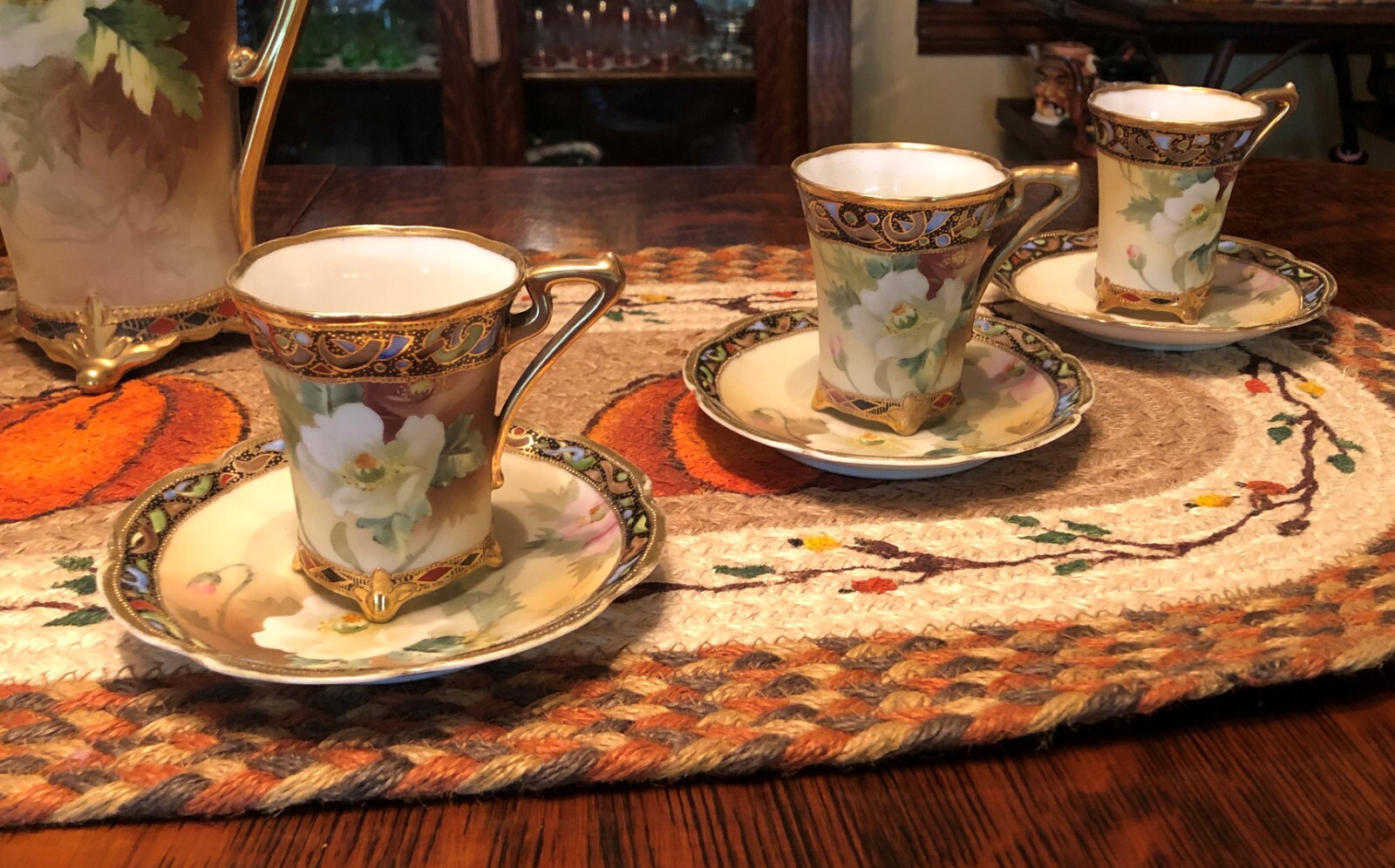 【白い花が灯す午後の語らい】オールドノリタケ ジュエル装飾 白花文 チョコレットセット 金彩 - 画像 (3)