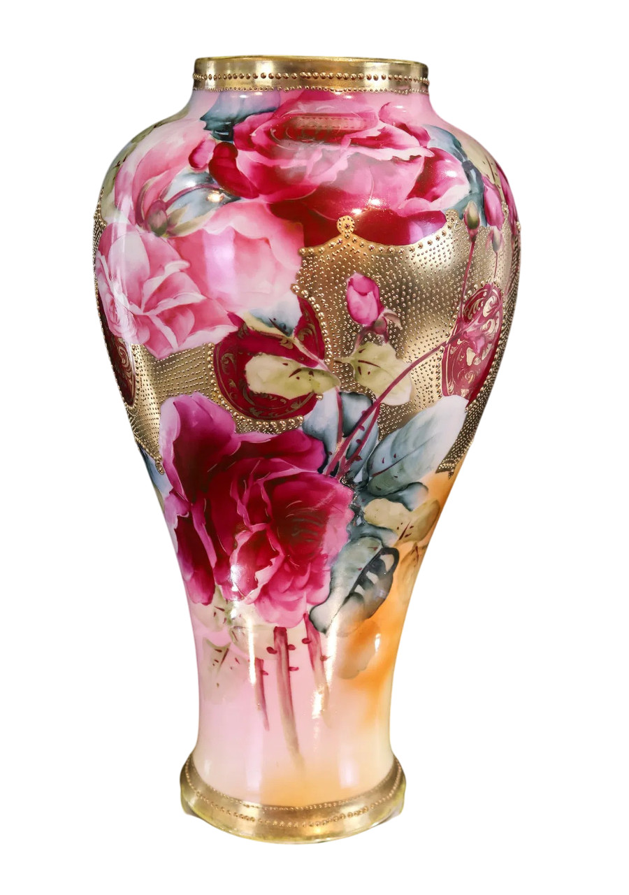 【咲き乱れる薔薇の渦】オールドノリタケ ジュエル装飾 薔薇文 花瓶 金彩 - 画像 (2)