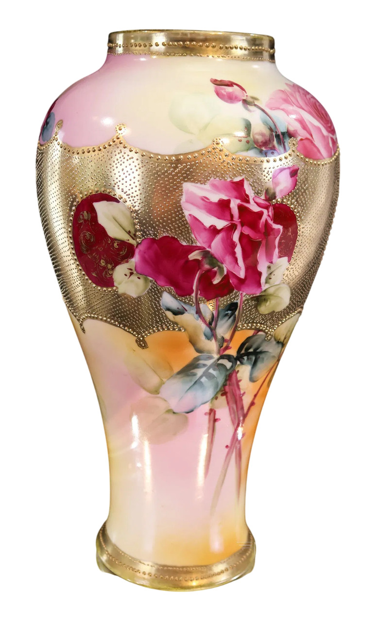 【咲き乱れる薔薇の渦】オールドノリタケ ジュエル装飾 薔薇文 花瓶 金彩 - 画像 (3)