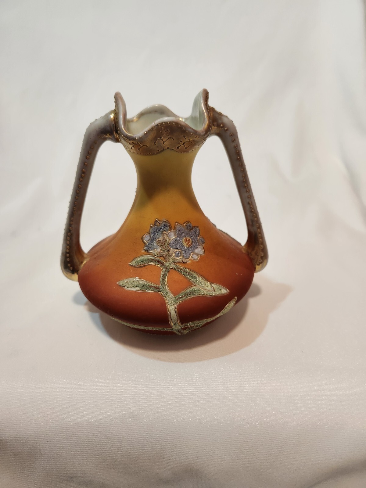 【飴色地に咲く青い花】オールドノリタケ コラレン 勿忘草文 双耳花瓶 金彩 - 画像 (2)