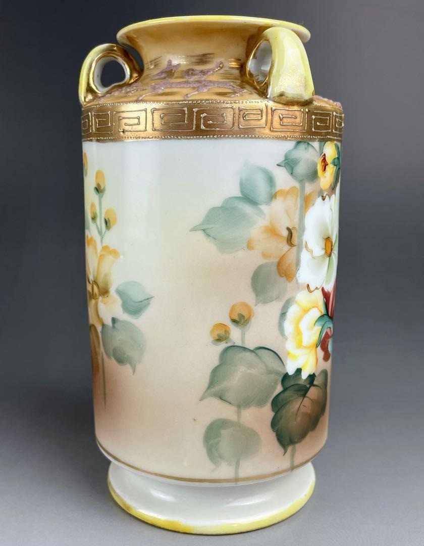 【白い花のほのあかり】オールドノリタケ 草花文 双耳花瓶 金彩 - 画像 (2)