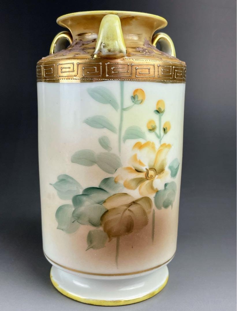 【白い花のほのあかり】オールドノリタケ 草花文 双耳花瓶 金彩 - 画像 (3)