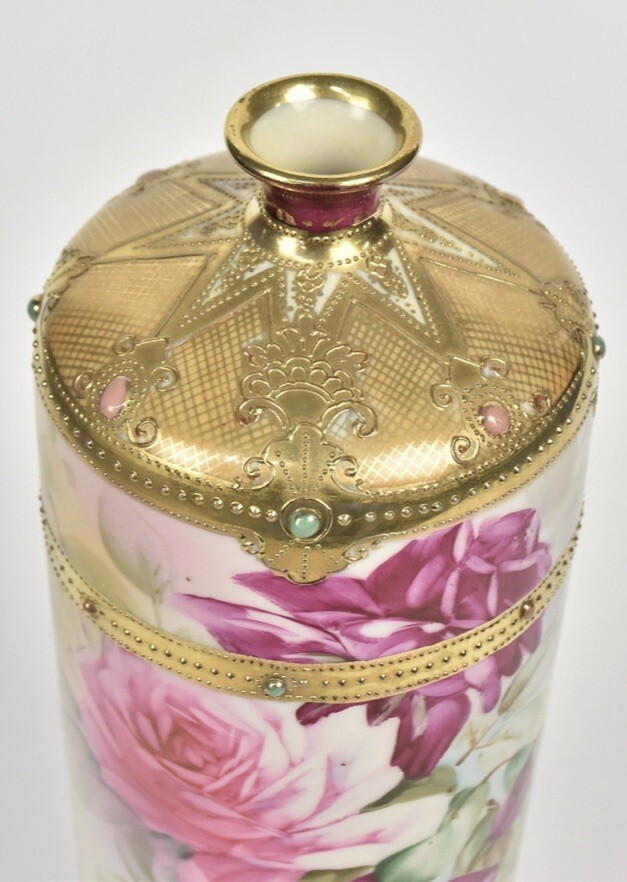 【胴をあふれる大輪の薔薇】オールドノリタケ ジュエル装飾 薔薇文 瓶形花瓶 金彩 - 画像 (2)