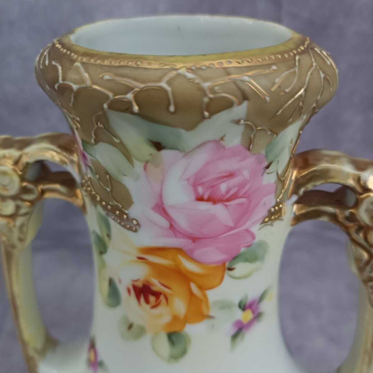 【金の地に咲く薔薇二色】オールドノリタケ 薔薇文 双耳花瓶 金彩 - 画像 (2)