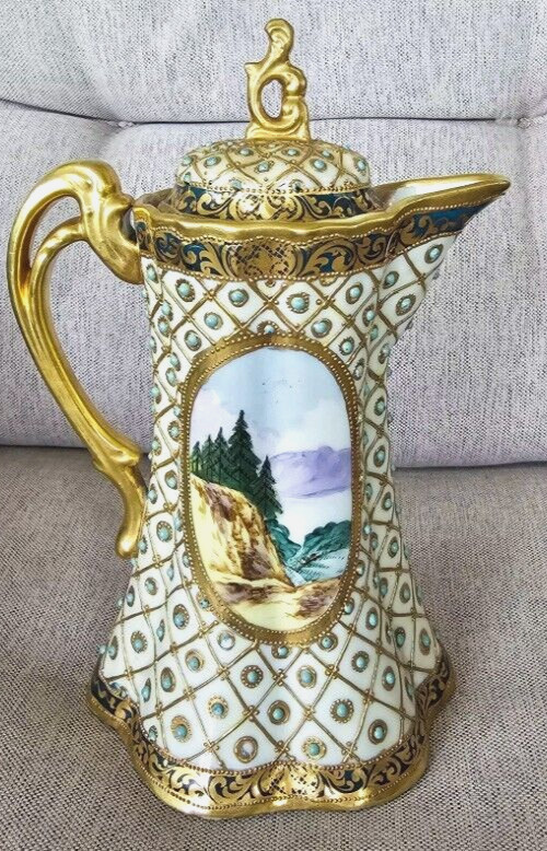 【格子の窓に湖畔の松】オールドノリタケ ジュエル装飾 風景文 チョコレートポット 金彩 - 画像 (2)