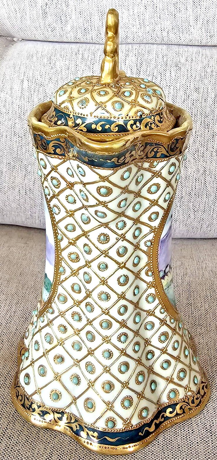 【格子の窓に湖畔の松】オールドノリタケ ジュエル装飾 風景文 チョコレートポット 金彩 - 画像 (3)