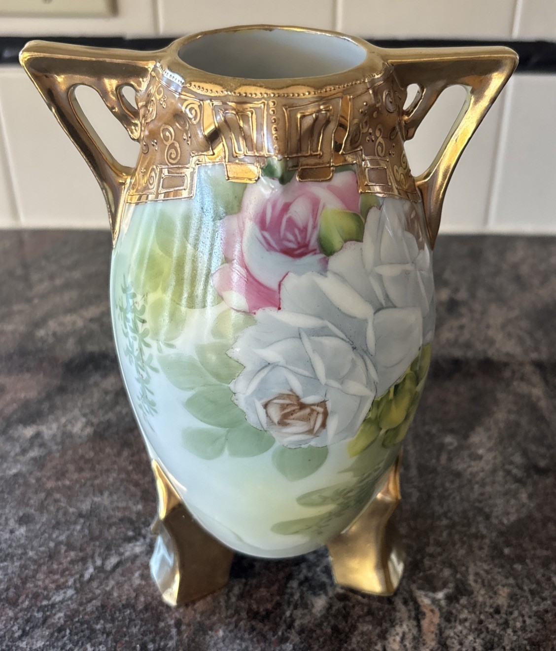 【やわらかな淡色の薔薇】オールドノリタケ 薔薇文 双耳花瓶 金彩 - 画像 (2)