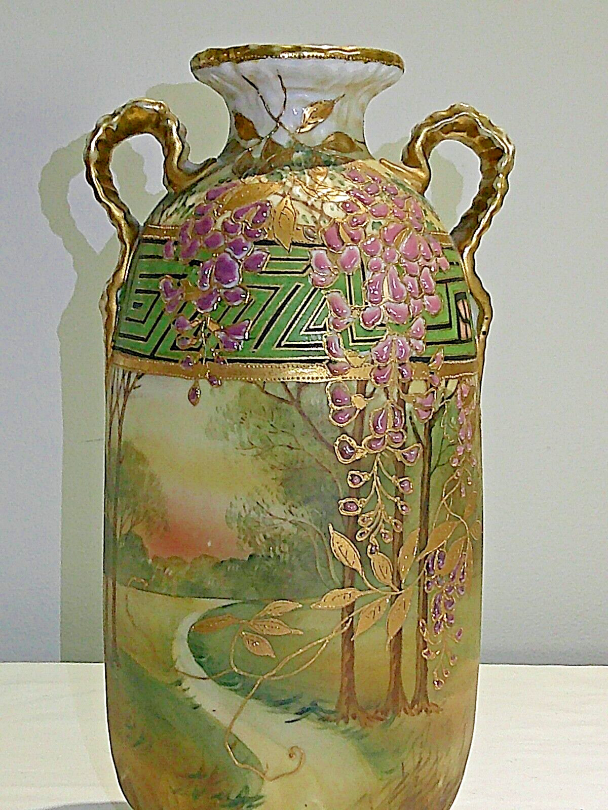 【藤かおる夕暮れの道】オールドノリタケ 藤文 双耳花瓶 金彩 - 画像 (3)