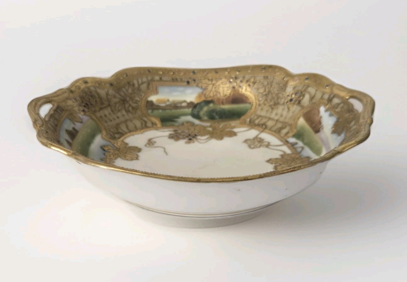 【金の葡萄に囲む水辺】オールドノリタケ 金彩 風景文 飾鉢 - 画像 (2)