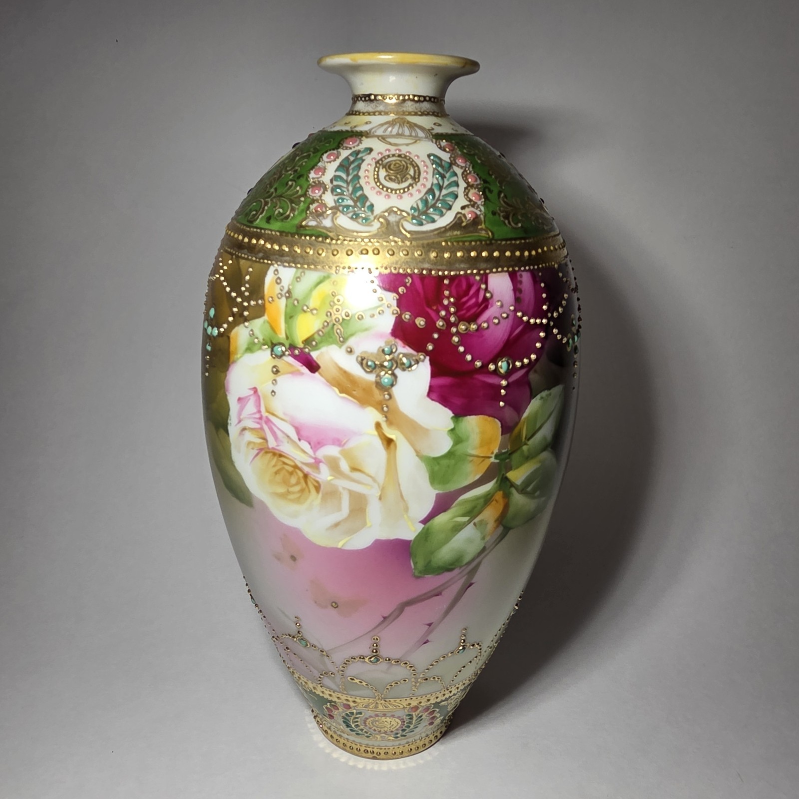 【宝石の鎖に咲く薔薇】オールドノリタケ ジュエル装飾 薔薇文 花瓶 金彩 - 画像 (2)