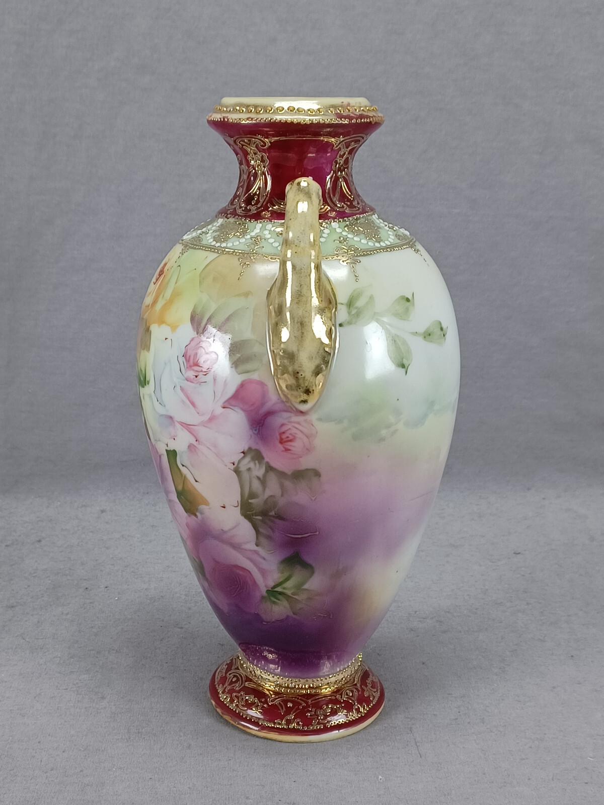 【あふれ咲く薔薇の渦】オールドノリタケ ジュエル装飾 薔薇文 双耳花瓶 金彩 - 画像 (2)
