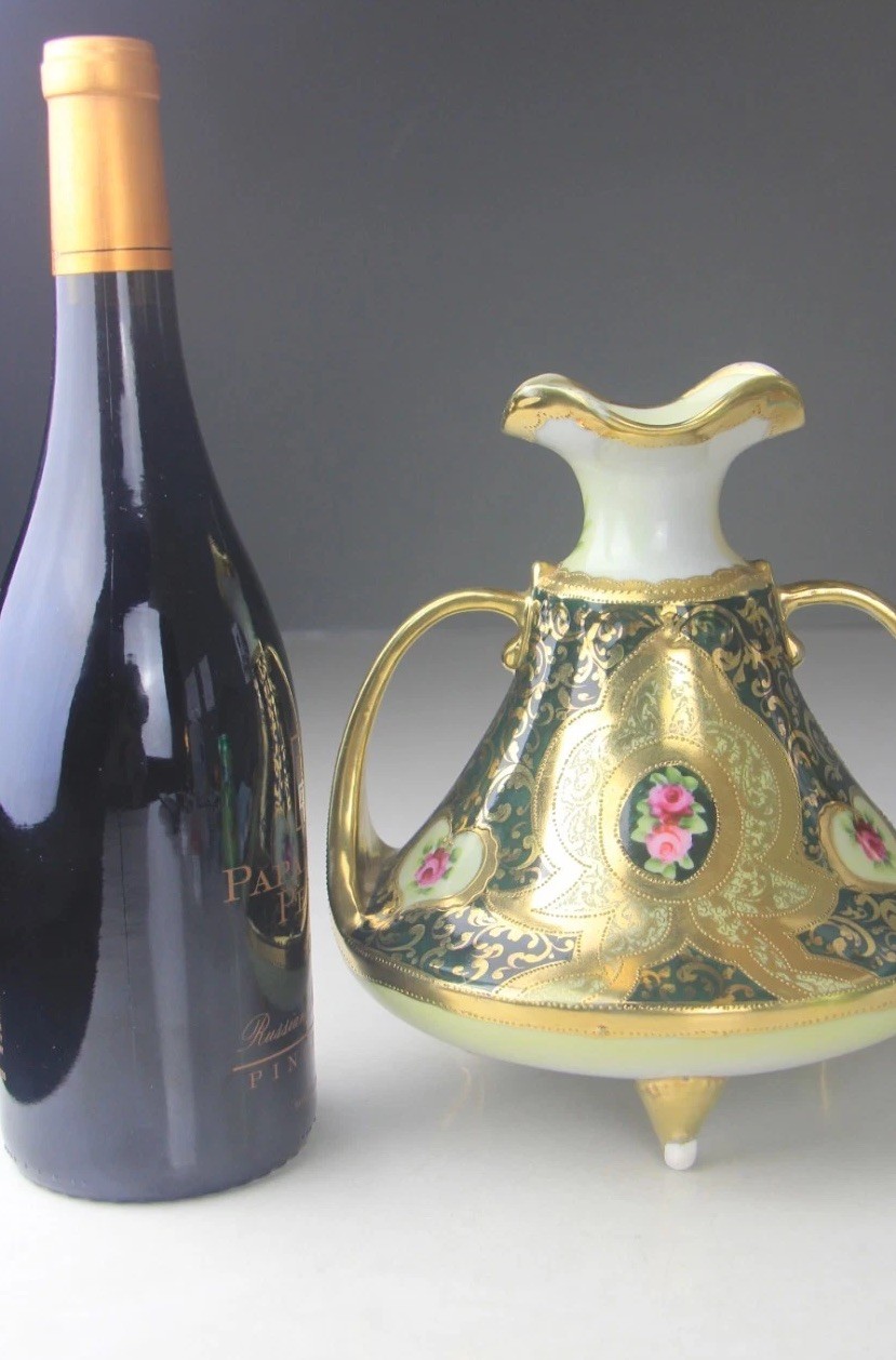 【金と緑にのぞく薔薇】オールドノリタケ ジュエル装飾 薔薇文 双耳花瓶 金彩 - 画像 (2)