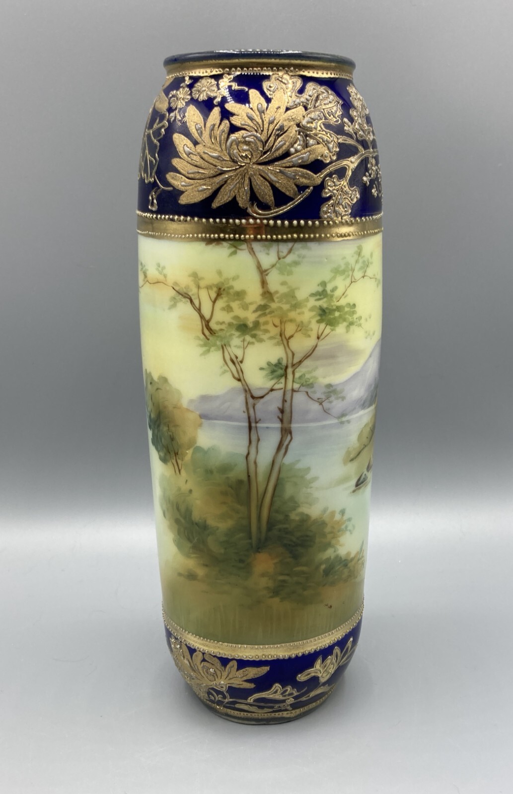 【瑠璃帯にひらく湖畔】オールドノリタケ コバルト金彩 風景文 花瓶 - 画像 (2)
