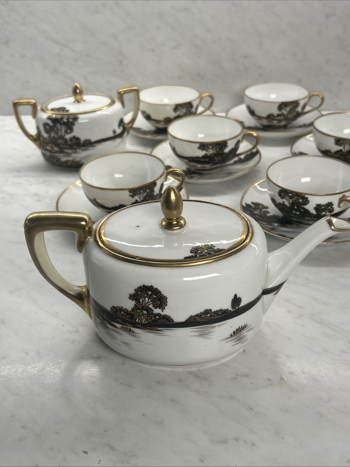 【墨色の風景をめぐらす茶器】オールドノリタケ 風景文 ティーセット 金彩 - 画像 (2)