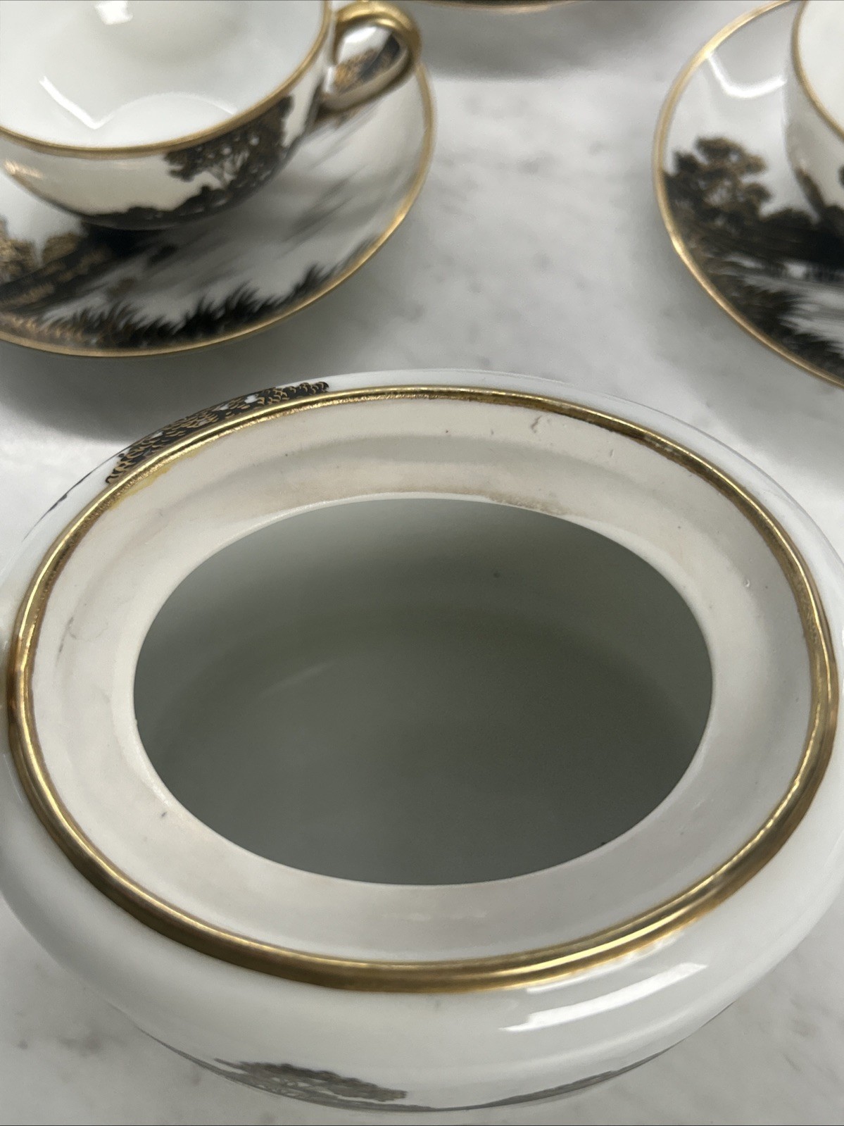 【墨色の風景をめぐらす茶器】オールドノリタケ 風景文 ティーセット 金彩 - 画像 (3)